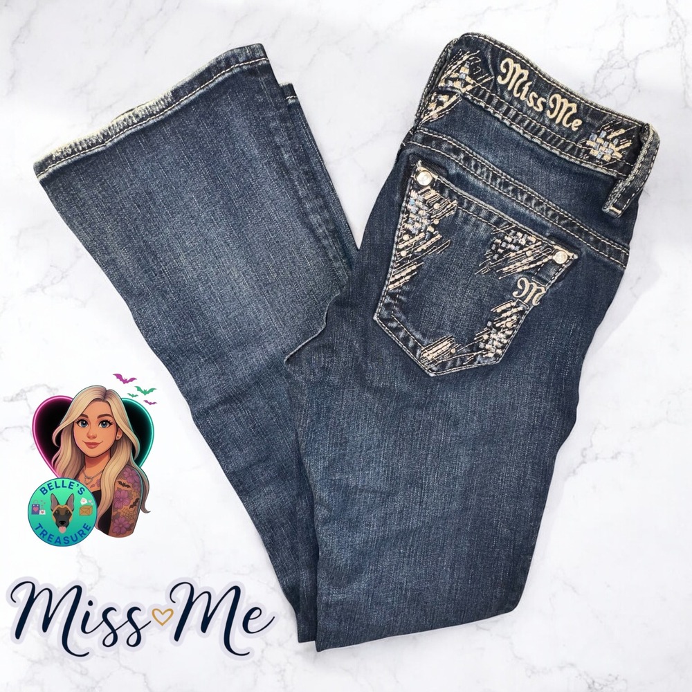 Miss Me Jeans Womens 26 Relaxed Boot Silver Embellished Pockets Dark Wash 28x31